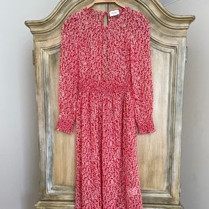 Long sleeve red and white print Sézane midi dress.